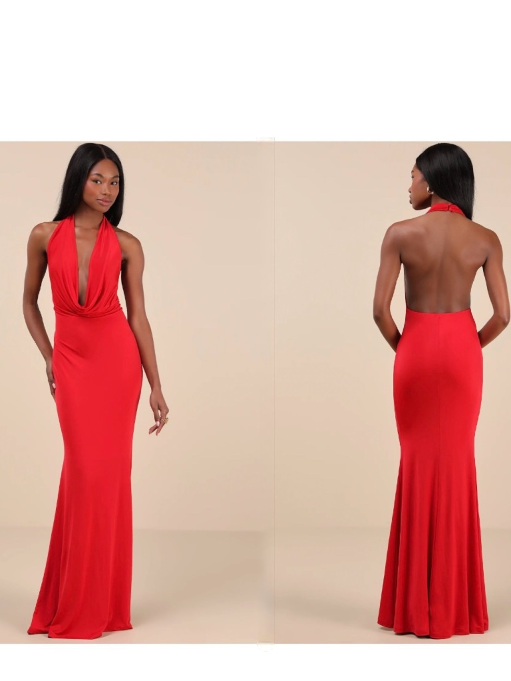 NWT Lulus Eye-Catching Silhouette Red Cowl Neck Halter Maxi Dress S